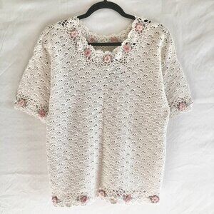 Vintage 80s Shenanigans Beige Crochet Knit Sweater Size M